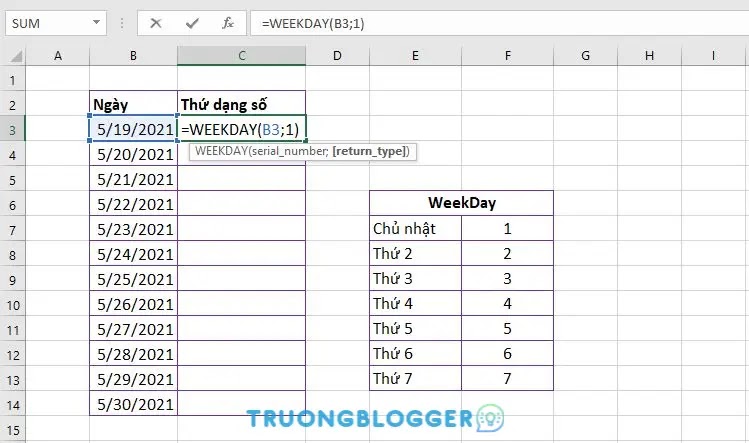 Hướng dẫn cách dùng hàm Weekday chuyển ngày sang thứ trong Excel