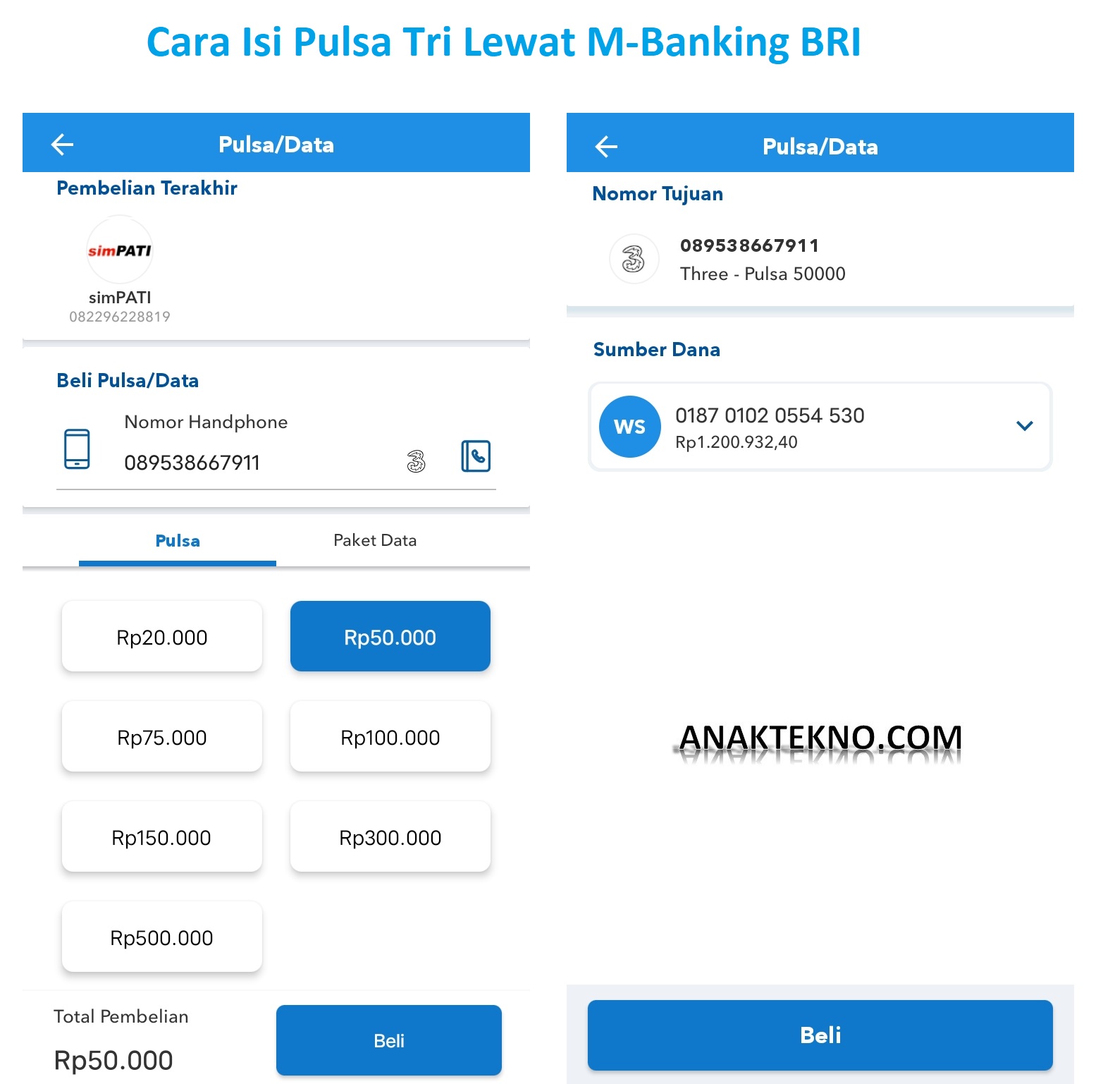 Cara Isi Pulsa Tri Lewat M-Banking BRI, BCA, BNI, Dll.