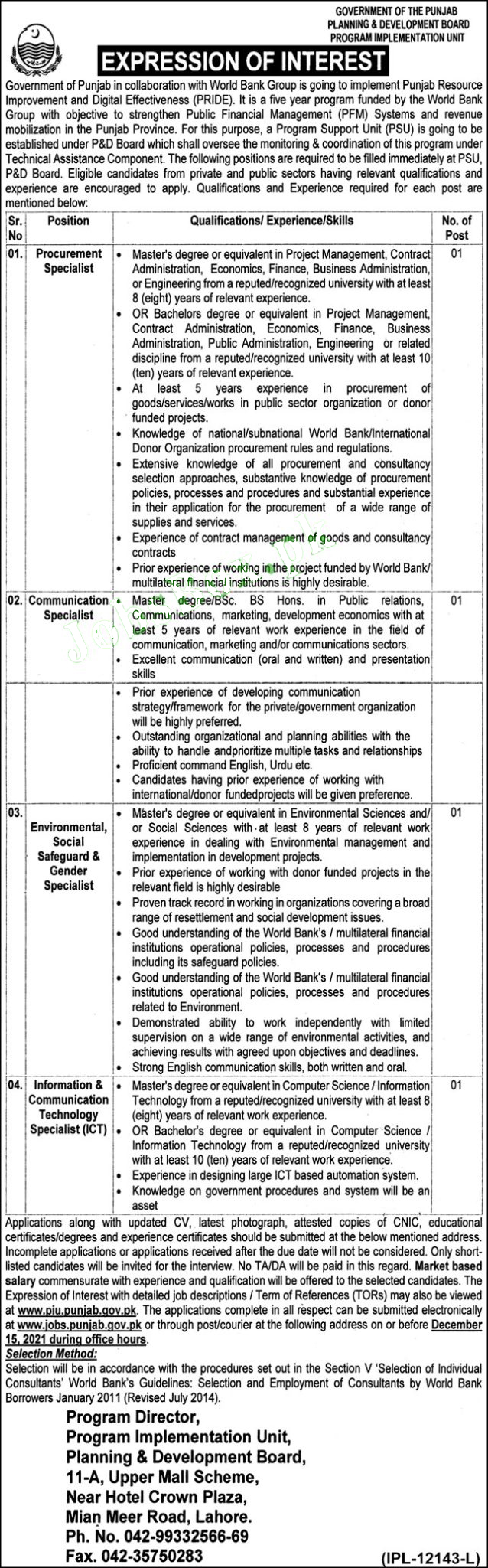 Planning and Development Board Punjab jobs 2021 Advertisement Apply Online