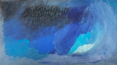 Illustration pencil drawing collage mixed media sadness blue color clouds water lily fish plants rain pliiatsijoonistus segatehnika