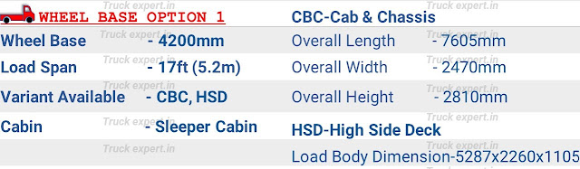 Ashok leyland Ecomet Star 1615HE option 1 - Sleeper Cabin       Ashok leyland Ecomet Star 1615 HE of 4200mm wheelbase have a load body span of 17ft (5.2m) , the overall dimensions of cab & chassis (chassis without load body) are mentioned above including its overall length-7605mm, overall height-2810mm, overall width- 2470mm, & fuel tank capacity of 185 Ltr.   This vehicle comes with only high side deck load body option with an internal cargo box / load body length of 5287mm & a width of 2260mm,the internal height of 1105mm.Please refer to the top of the page for detailed specifications.