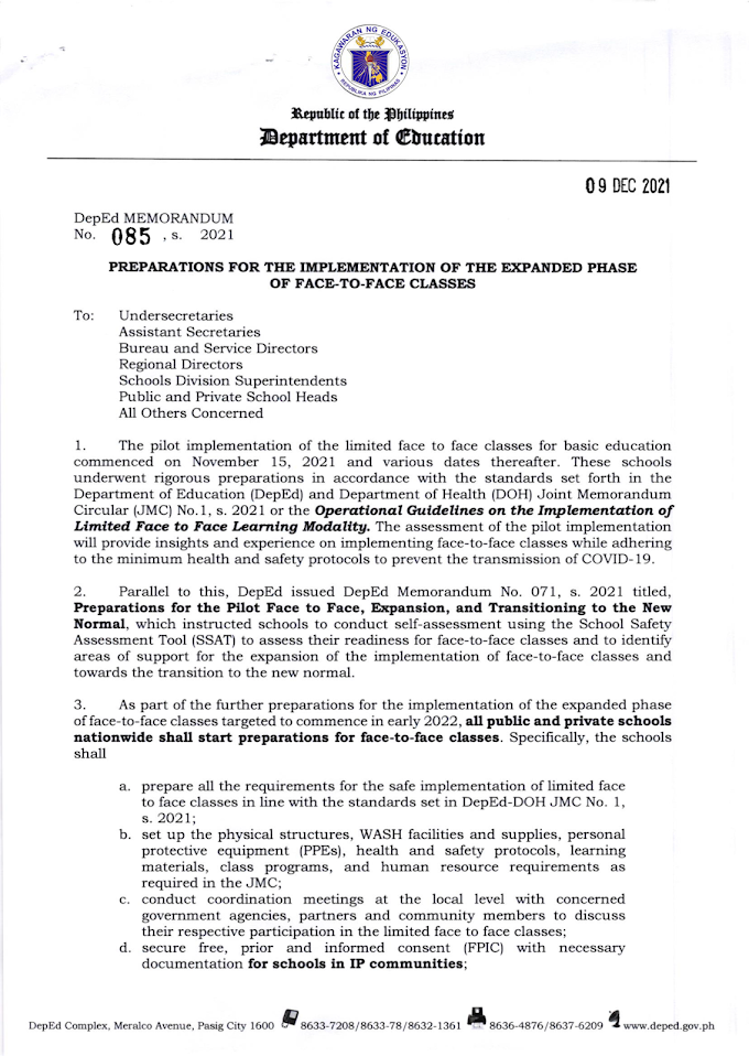 DepEd Memorandum | DM No 085 s. 2021 | PREPARATIONS FOR THE IMPLEMENTATION OF THE EXPANDED PHASE OF FACE-TO-FACE CLASSES | Read and Download!