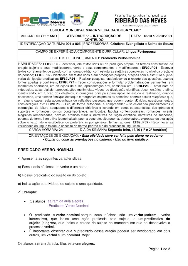 LÍNGUA PORTUGUESA - PROFª. CRISTIANE EVANGELISTA - ATIVIDADE 55 - INTRODUÇÃO DE CONTEÚDO - 901 a 904 (18/10 a 22/10/2021)