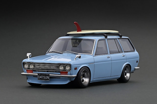 Ignition Model IG2223 Datsun Bluebird (510) Wagon Light Blue With Surfboard