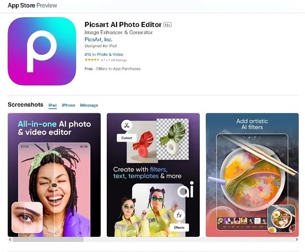 تطبيق PicsArt لتنقيح الوجه مجانًا للآيفون