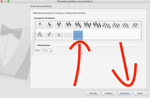 Seleziona Armatura MuseScore3, riquadro del software