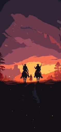 A captivating iPhone wallpaper with the silhouette of two cowboys facing off at sunset, evoking the epic tales of red dead redemption cowboys under a dramatic sky