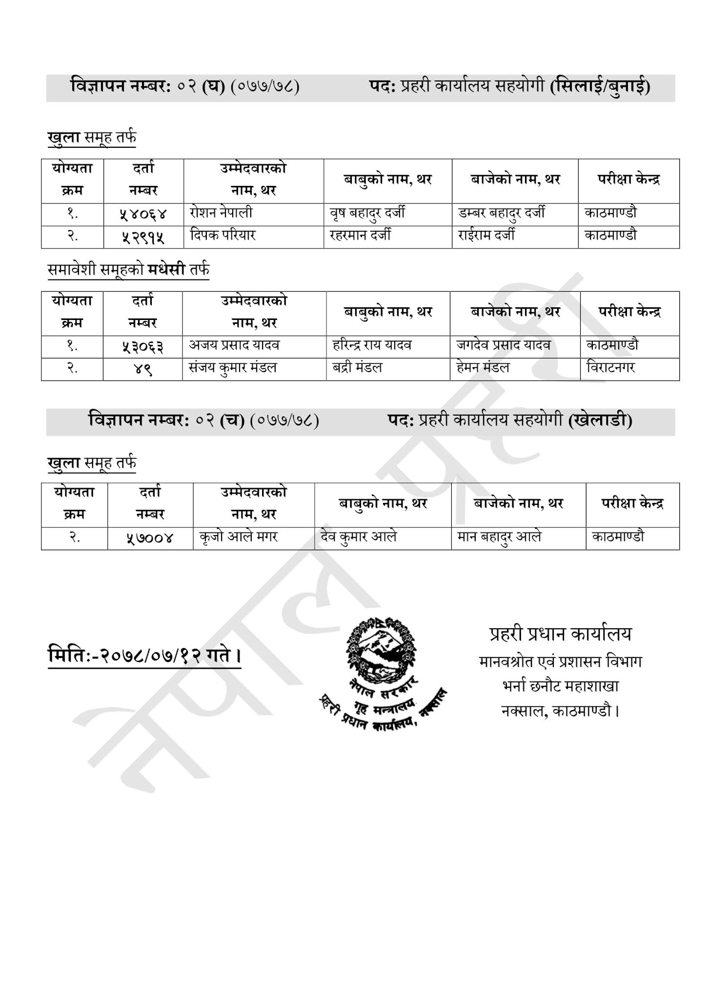 Nepal Police Information regarding appointment of alternative candidate