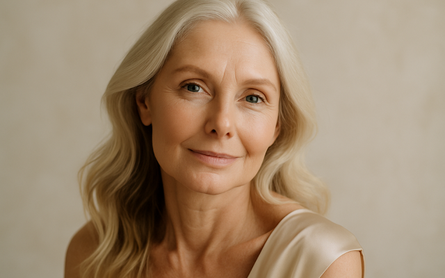 Mujer de 55 años con piel lisa y saludable, retrato en primer plano en luz suave