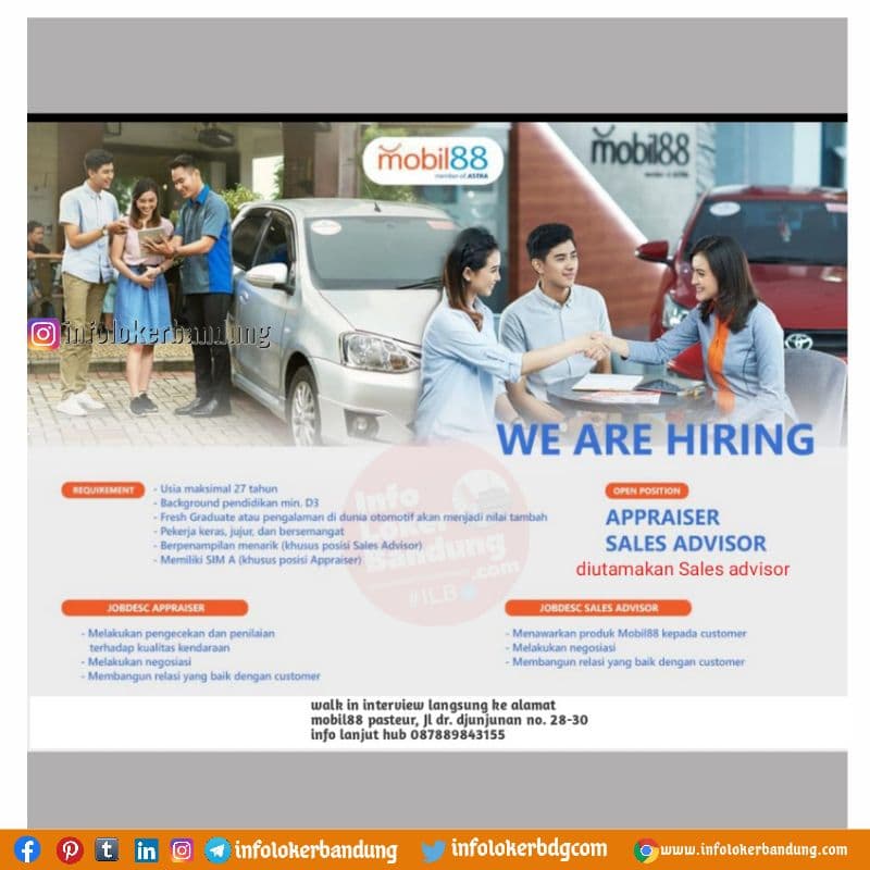 Lowongan Kerja Appraiser Sales Advisor Mobil88 Bandung Oktober 2021