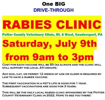 7-9 One Big 2022 Rabies Clinic, Coudersport, PA