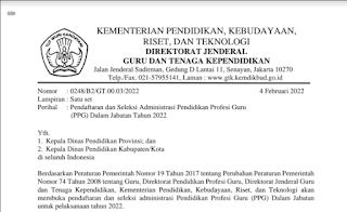 Download Surat Edaran Dirjen GTK, Kemendikbudristek Nomor 0248/B2/GT.00.03/2022 tentang Pendaftaran dan Seleksi Administrasi PPG Dalam Jabatan Tahun 2022
