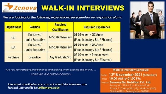 Zenova Pharma | Walk-in interview for QC/QA/Purchase on 13th Nov 2021