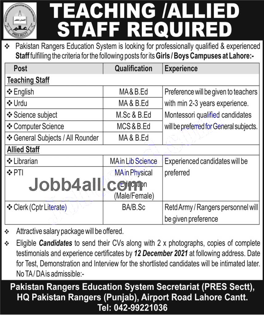 Pakistan Rangers Education System Jobs 2021 Advertisement Lahore