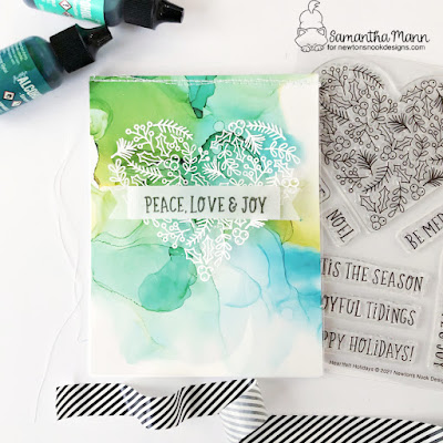 Peace Love and Joy Card by Samantha Mann for Newton's Nook Designs, Alcohol Inks, Christmas Card, Card Making, Machine Stitching, Sewing, Christmas #newtonsnook #newtonsnookdesigns #christmas #christmascards #cardmaking #alcoholinks