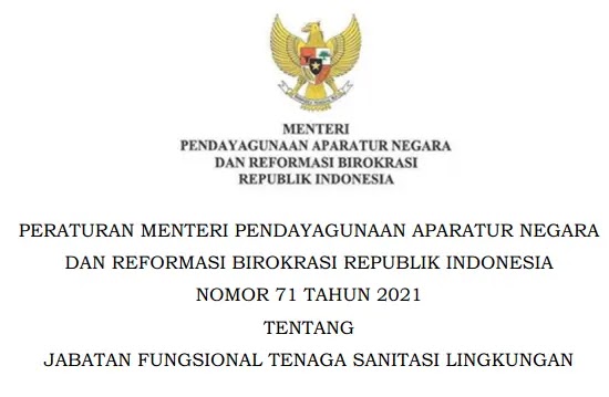 Permenpan RB Nomor 71 Tahun 2021 Tentang Jabatan Fungsional Tenaga Sanitasi Lingkungan