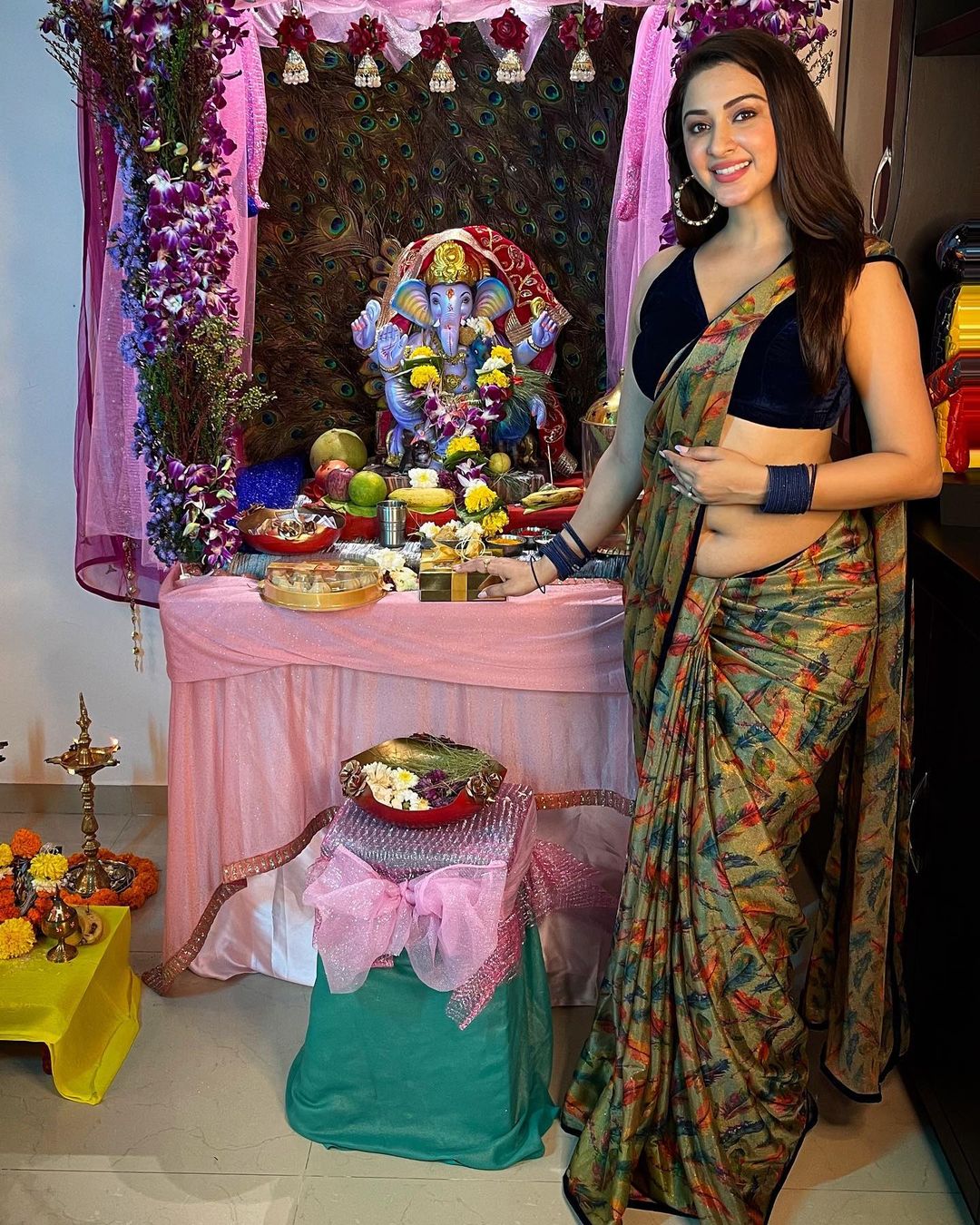 Eshanya Maheshwari's Floral Saree with Navy Blue Velvet Blouse for Ganesh Chaturthi