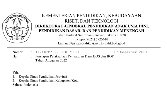 Maklumat Persiapan Penyaluran Dana BOS/BOP Tahun 2022