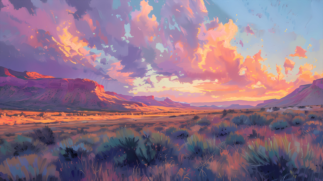 A breathtaking canvas of vibrant sunset hues paints the sky over a serene desert landscape.