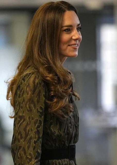 Kate Middleton wore a new army green leopard print chiffon midi dress by Derek Lam 10 Crosby. Asos gold plated earrings