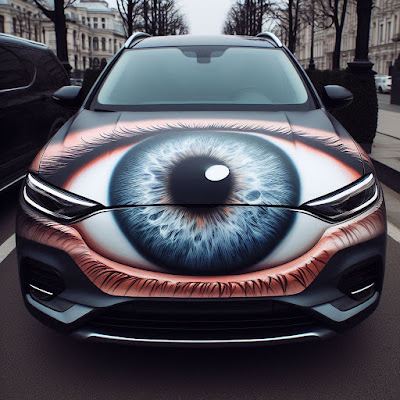 a car, an eye painted on it. long frame.