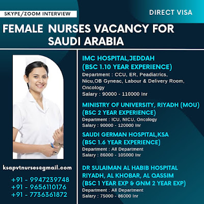 Urgently Required Nurses (F) for Saudi Arabia Various Hospitals