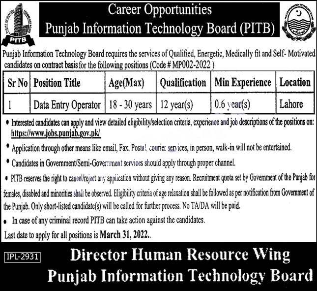 Today Punjab Information Technology Board PITB jobs 2022