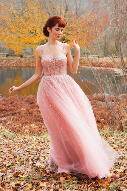 Lunamis A-Line Pink Floor-Length Rhinestone Tulle Prom Dress