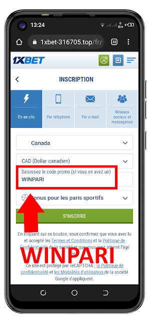 Capture d'écran 1xBet où mettre le code promo