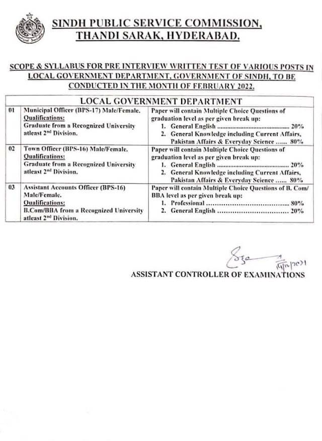 Sindh Local Government SPSC Town Officer Syllabus Past Papers