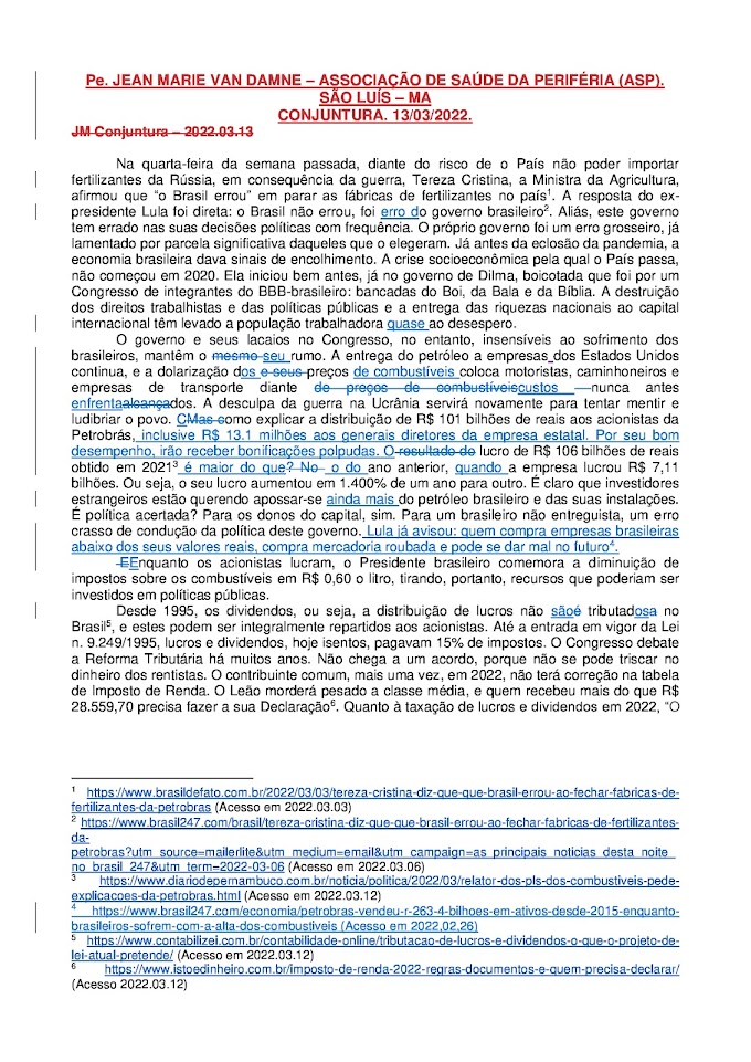 ANÁLISE DE CONJUNTURA. Pe. JEAN MARIE VAN DAMNE. 13/03/2022