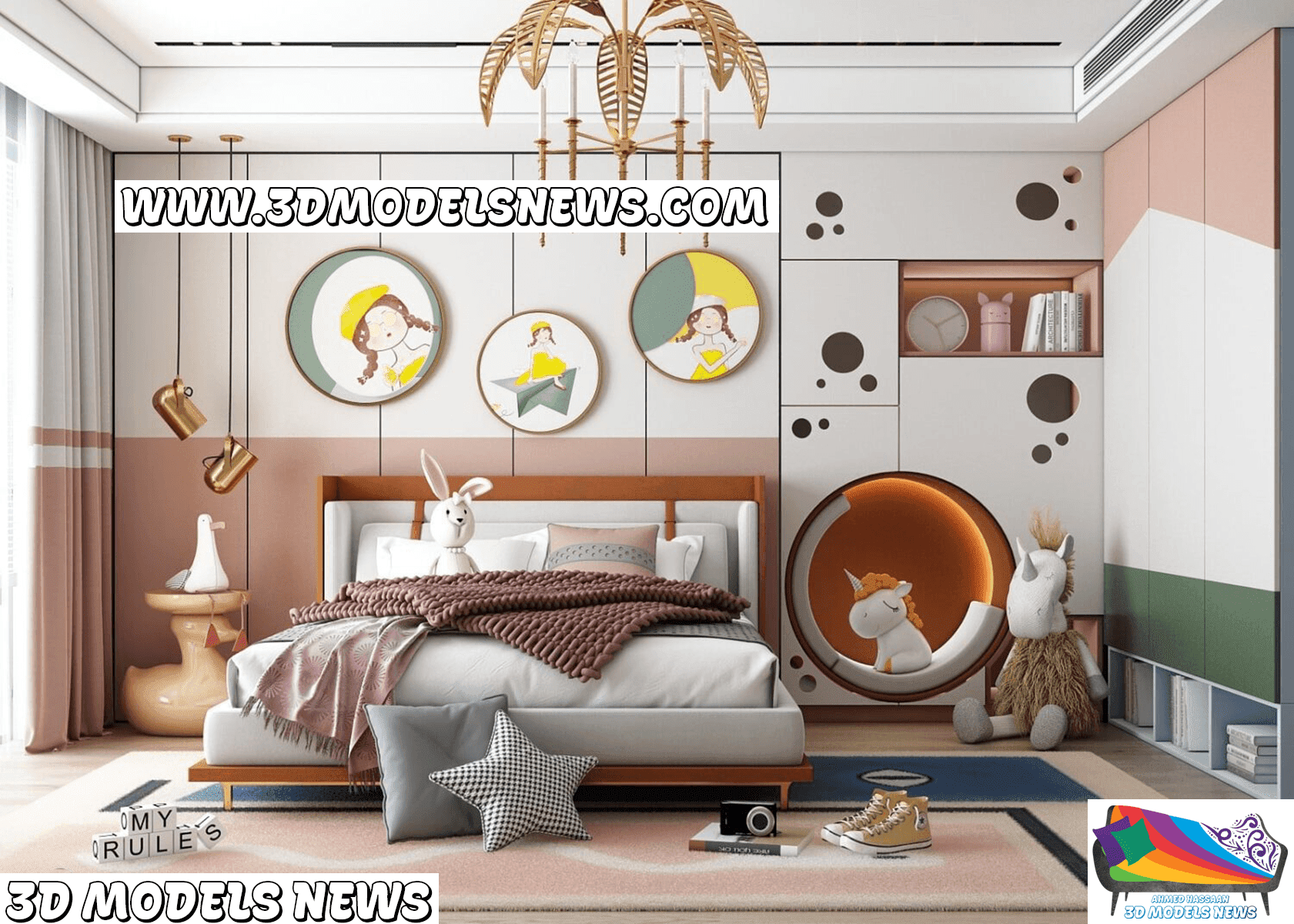 Interior scene for a girls' children's room complete with one bed and all the decor 1
