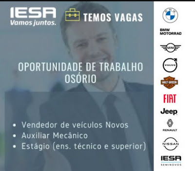 IESA contrata Vendedor, Aux. mecânico e estagiários em Osório