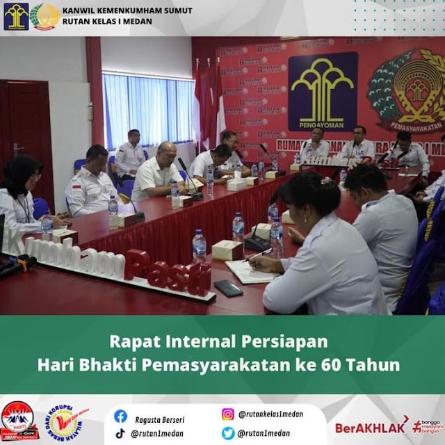 "Rapat internal persiapan HBP ( Hari Bhakti Pemasyarakatan ) ke 60 yang akan di gelar pada hari Sabtu, 27 April 2024 di Rutan Kelas 1 Medan"