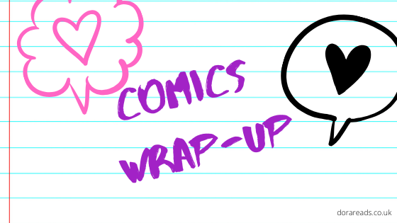 'Comics Wrap-Up' with lined-notebook-style background and heart symbols containing speech bubbles