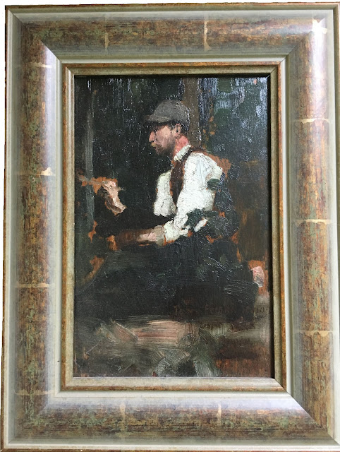 Oil painting portrait of the artist James Thwaite Irving working in a studio in Barbizon, by William Blair Bruce, in 1883.