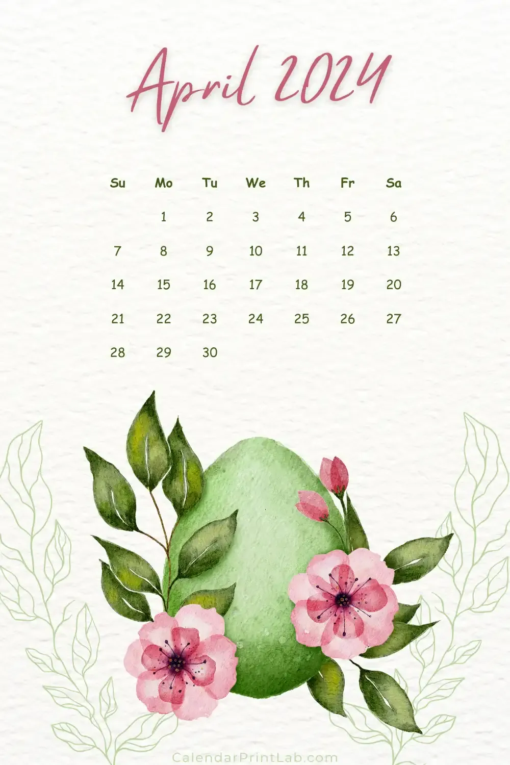 Printable April Watercolor Calendar