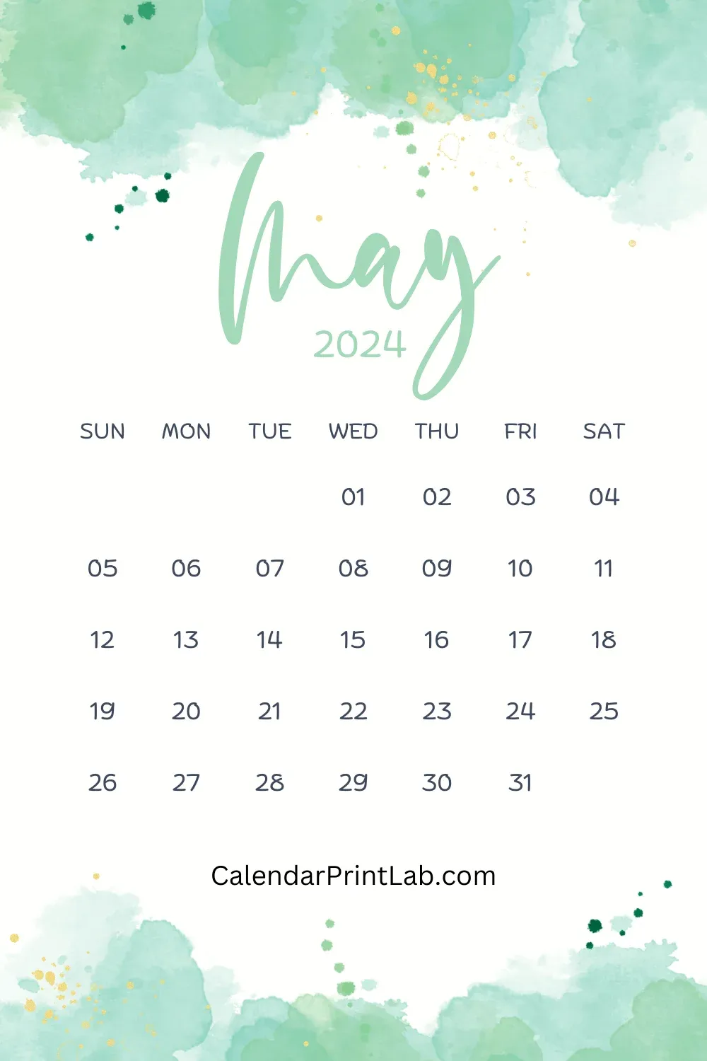 Watercolor May 2024 Printable Calendar