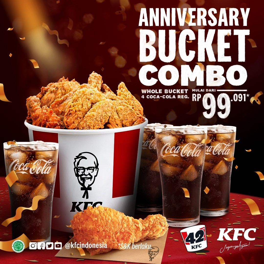 Promo KFC HUT 42 ANNIVERSARY! Combo Bucket + 4 coca-cola cuma Rp. 99.091