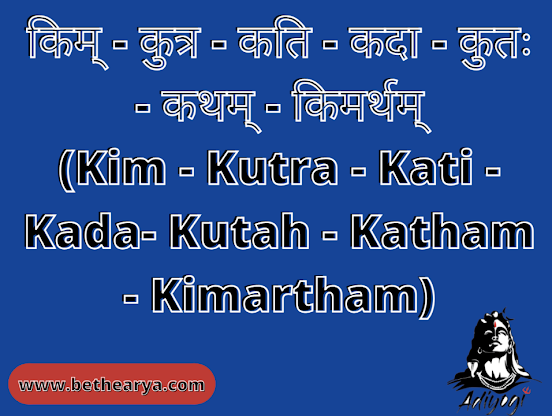 किम् - कुत्र - कति - कदा - कुतः - कथम् - किमर्थम् (Kim - Kutra - Kati - Kada- Kutah - Katham - Kimartham)