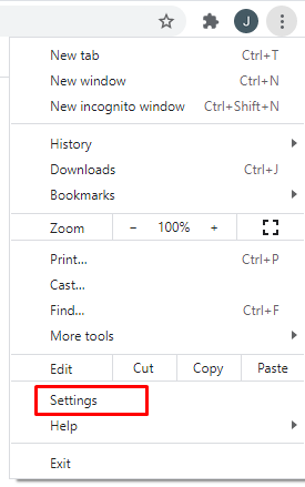 Menu utama browser Google Chrome dengan pilihan 'Settings' yang disorot kotak merah.