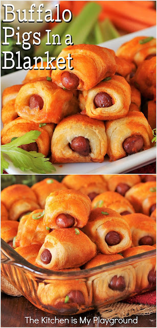 Buffalo Pigs In a Blanket ~ Two game-day favorites collide in these Buffalo Pigs In a Blanket! Pigs in a blanket are slathered & baked in Buffalo sauce to create one super tasty Buffalo-twist on everyone's favorite little pigs.  www.thekitchenismyplayground.com
