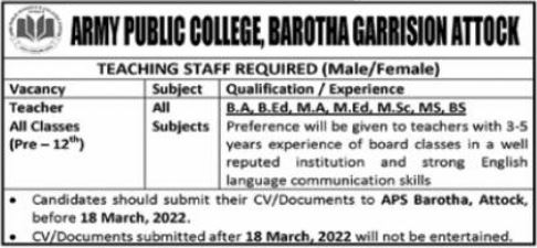 Latest Army Public College Education Posts Attock 2022