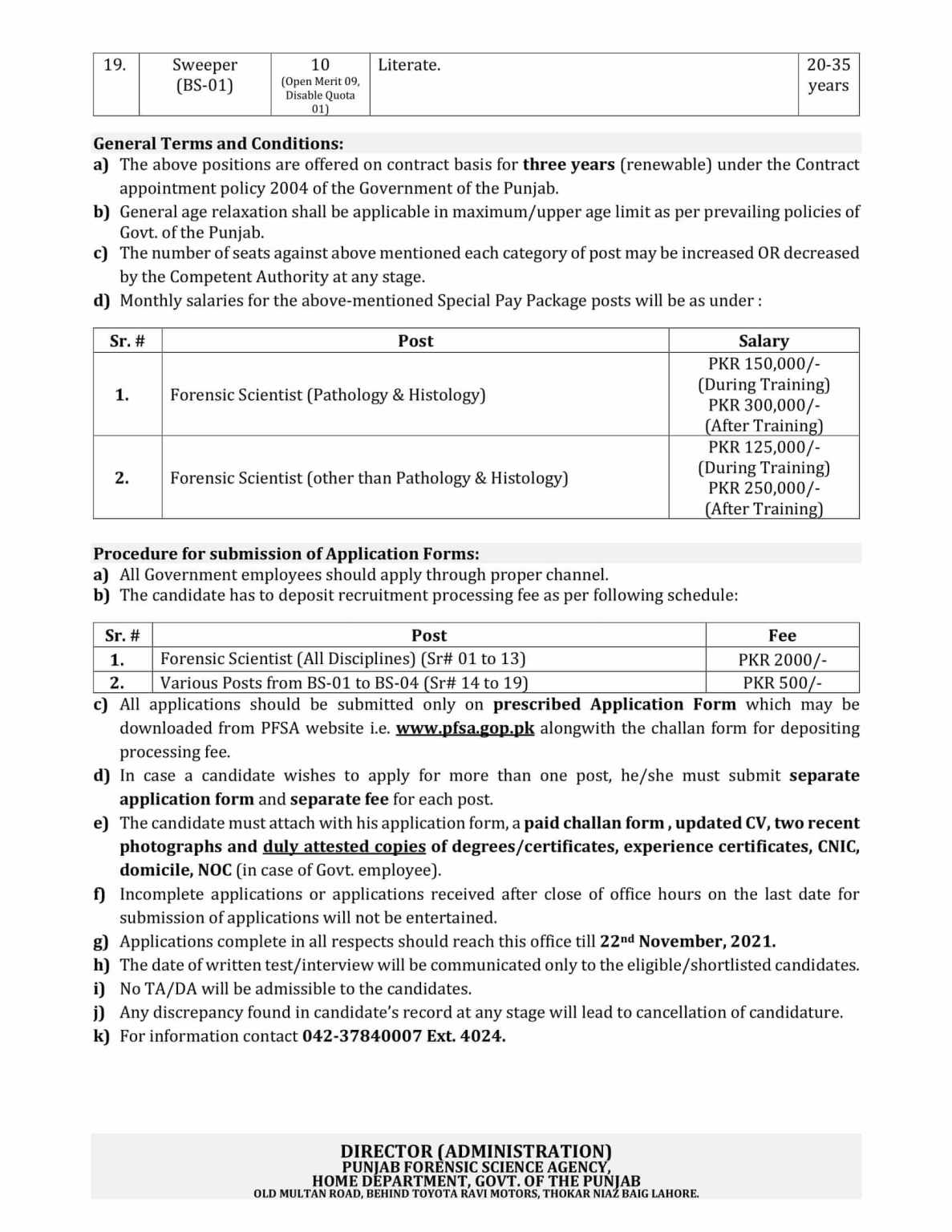 Punjab Forensic Science Agency PFSA Jobs 2021 Application Form