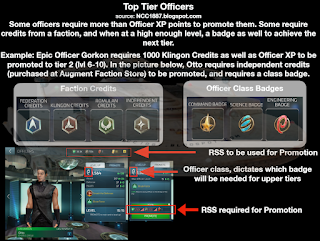 Some officers require more than Officer XP points to promote them. Some require credits from a faction, and when at a high enough level, a badge as well to achieve the next tier.   Example: Epic Officer Gorkon requires 1000 Klingon Credits as well as Officer XP to be promoted to tier 2 (lvl 6-10). In the picture below, Otto requires independent credits (purchased at Augment Faction Store) to be promoted, and requires a class badge.