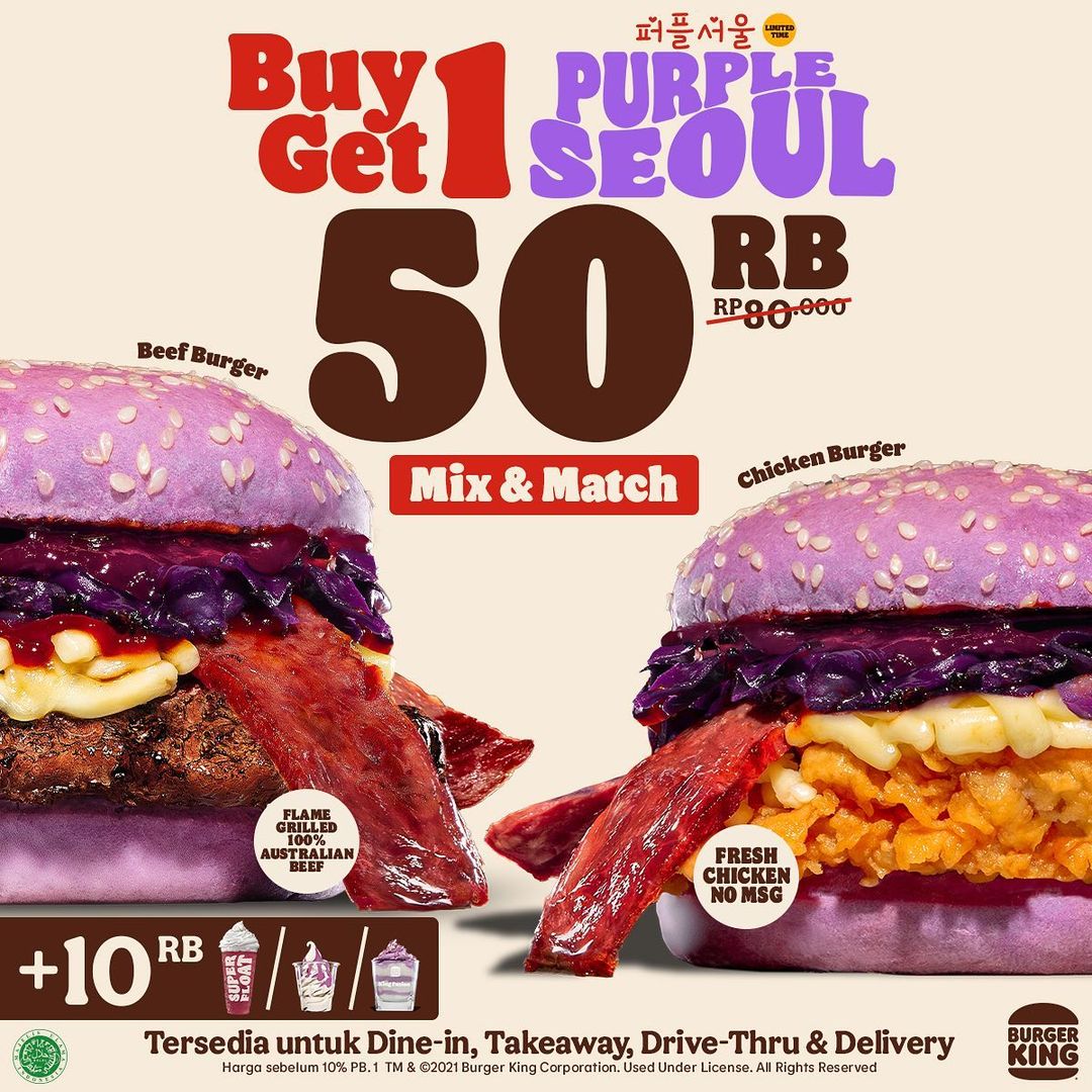 Tebus Buy 1 Get 1 Free PURPLE SEOUL BOGO Hanya 50 Ribu di Burgerking (s.d 31 Des 2021)