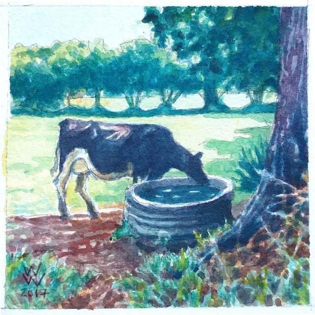 A watercolour of a Prim'Holstein cow drinking at a water trough in the shade of a tree, entitled "Normandie bucolique," by William Walkington in 2017