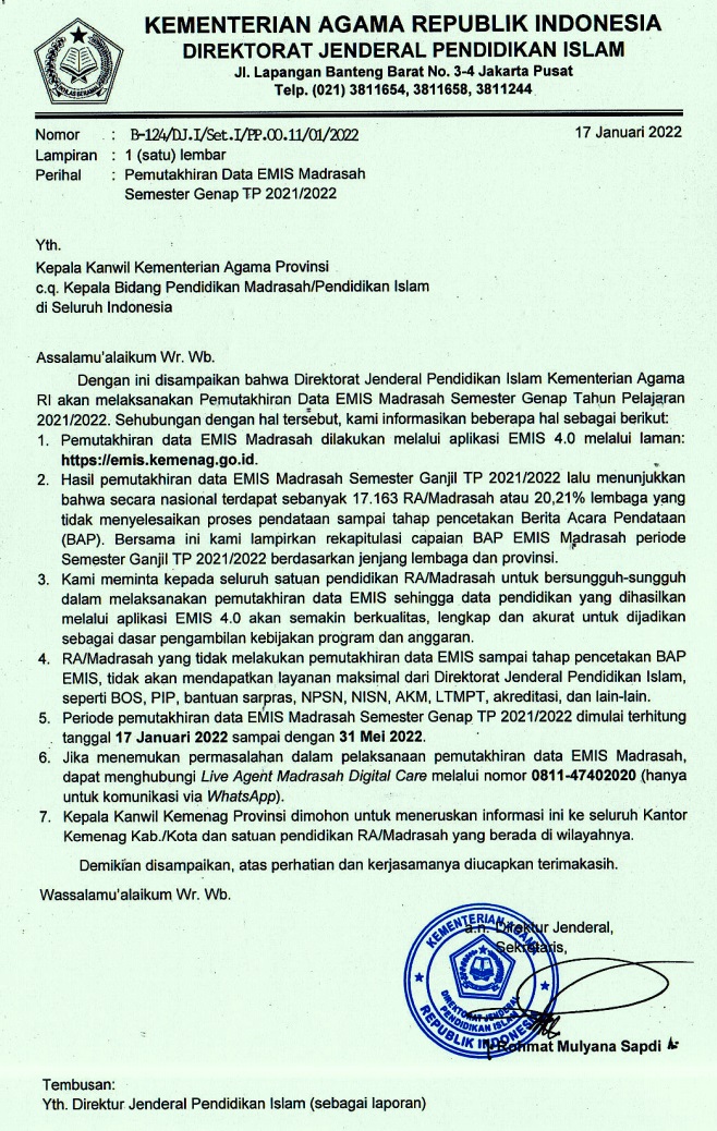 Surat Edaran SE Dirjen Pendis tentang Pemutakhiran Data EMIS Madrasah Semester Genap Tahun Pelajaran (TP) 2021/2022