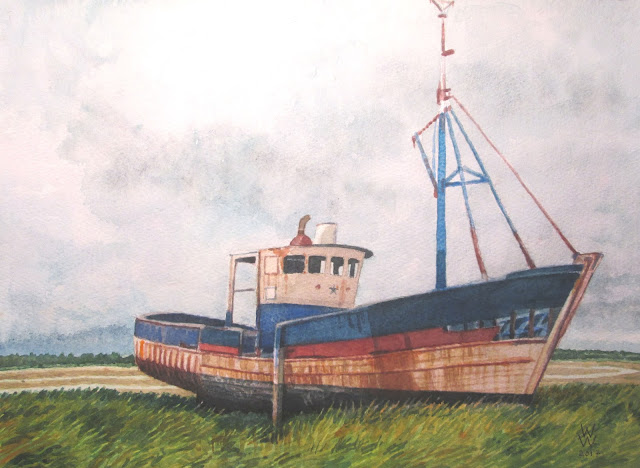 Watercolour of an abandoned boat at Regnéville, entitled "Dernier repos à Regnéville-sur-Mer," by William Walkington in 2017