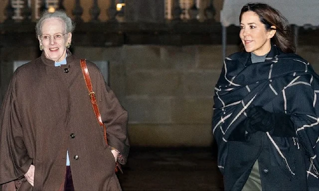 Crown Princess Mary wore a grey wool and cashmere double-faced essential coat by Theory. Queen Margrethe and Crown Prince Frederik